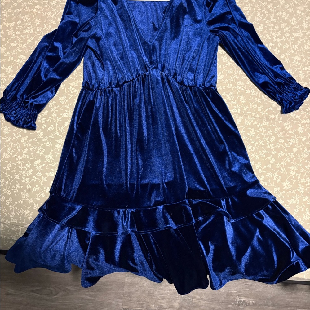 Maison Tara Royal Blue Velvet Long Sleeve Tiered Dress